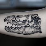 Dinosaur Skull Tattoo by Pavlo Balytskyi #dinosaur #dinosaurskull #blackwork #blackworktattoo #illustrative #illustrativetattoo #blackink #PavloBalystskyi