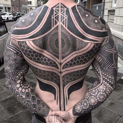 Geometric bodysuit by Nissaco #Nissaco #bodysuit #blackandgrey #blackwork #linework #dotwork #geometry #sacredgeometry #geometric #pattern #shapes #abstract #tattoooftheday