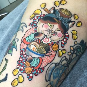 Tattoo by Wendy Pham #WendyPham #TaikoGallery #WenRamen #newtraditional #color #Japanese #mashup #cat #ramen #noodles #egg #foodtattoo #gold #pattern #clouds #bells #rope #chopsticks