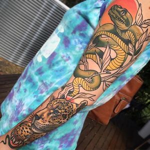 Snake and leopard sleeve by Sam Clark. #sleeve #snake #leopard #neotraditional #SamClark