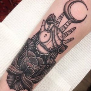 Blackwork tattoo by Clint Sf. Bautista #Palmistry #ClintSfBautista #palmreading #chiromancy #lotus #moon #esoteric