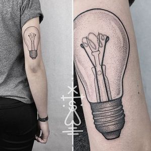 This dotwork lightbulb tattoo was a bright idea. By Sarah Herzdame. #lightbulb #dotwork #blackwork #blackandgrey #SarahHerzdame