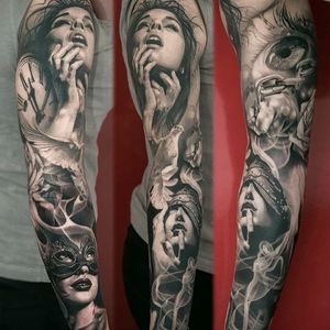Full sleeve tattoo by Meyer Viktor (Instagram @meyerviktor) #tattoosleeve #blackandgrey