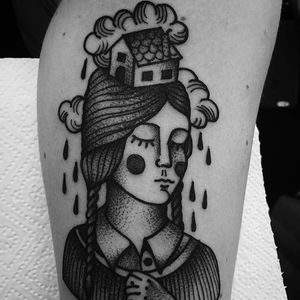 Blackwork girl tattoo with dotwork detail by Horny Pony. #blackwork #HornyPony #dotwork #girl #house #abstract #clouds