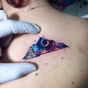 A trippy space age mountainscape, by Adrian Bascur (via IG—adrianbascur) #microtattoo #smalltattoo #tinytattoo #TattooRoundUp
