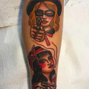 Awesome bandit girl tattoos by Jaclyn Rehe. #JaclynRehe #ChapelTattoo #traditional #girlhead #girlsgirlsgirls #mansruin #bandits #gun