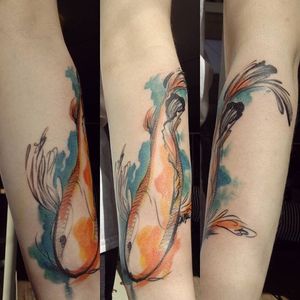 Abstract watercolor fish tattoo by Mara Koekoek. #penandink #abstract #watercolor #fish #MaraKoekoek
