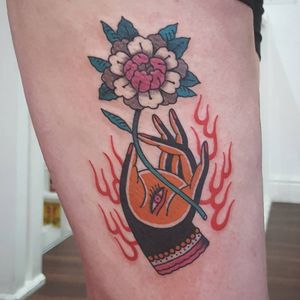 Mudra and peony tattoo by Rion #Rion #buddhisttattoos #color #newtraditional #Japanese #mashup #peony #mudra #hand #thirdeye #buddha #flower #floral #fire #pattern