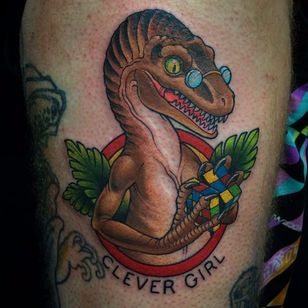 Clever Dinosaur tattoo by @mileskanne #mileskanne #neotraditionaltattoo #animaltattoo #stevestontattoocompany #raptor #dinosaur
