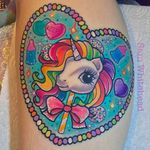 Unicorn lollipop and candies tattoo by Sam Whitehead via Instagram @Samwhiteheadtattoos #samwhiteheadtattoos #colorful #girly #girlytattoo #neotraditional #blindeyetattoocompany #Leeds #UK #unicorn #lollipop #candies