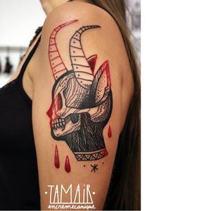 Evil skull tattoo by Tamair #Tamair #illustrative #colorful #psychedelic #skull #demon #redink