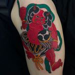 Really solid looking Raijin tattoo, God of wind. Awesome work by Goshu. #goshu #japanesetattoo #irezumi #horimono #raijin