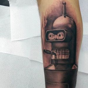 Awesome black and grey portrait of Bender from Futurama. Tattoo by #MattJordan #tattoo #art #realism #futurama #blackandgrey #portrait