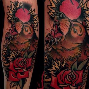 Bear and Rose Tattoo by Brando Chiesa @BrandoChiesa #BrandoChiesa #Italy #Neotraditional #Beast #animaltattoo #Bear #Rose