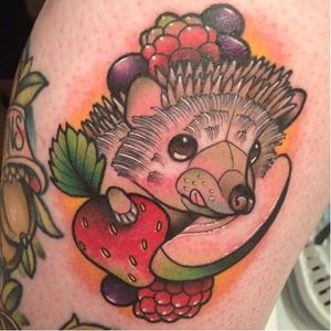 Hedgehog tattoo by big_lurkio on Instagram. #neotraditional #hedgehog #animal #strawberry #fruit