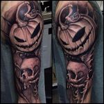 Rad Halloween tattoo #NicoNegron #blackandgrey #halloween #jackolantern #skull