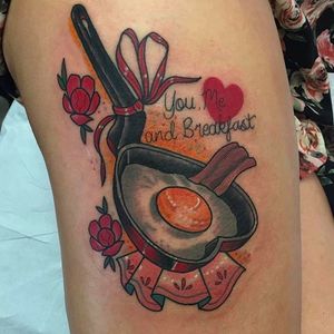 Breakfast-themed Tattoo by Jody Dawber @JodyDawber #JodyDawber #JodyDawbertattoo #Jaynedoeessex #UK #breakfast #egg #breakfasttattoo