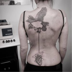 Crow tattoo by Otto D'Ambra #OttoDAmbra #surreal #engraving #blackwork #crow #anatomicalheart
