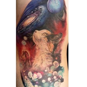 Space kitty tatoo by Maija Arminen. #realism #colorrealism #MaijaArminen #space #galaxy #cat #kitten