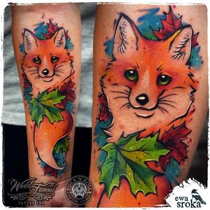 Cute Fox Watercolor Tattoo via @EwaSrokaTattoo #EwaSrokaTattoo #Rainbow #Bright #WatercolorTattoo #FCBlive #fox #watercolor