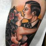 Tattoo by Guen Douglas #GuenDouglas #neotraditional #color #portrait #lovers #kiss #lady #rose #flower #floral #love #coupletattoo