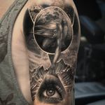 Realistic tattoo by Thomas Wells #ThomasWells #cooltattoos blackandgrey #realism #realistic #hyperrealism #man #portrait #eye #realisticeye #galaxy #stars #mountains #landscape #clouds #space #tattoooftheday