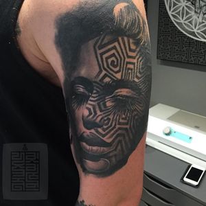Face tattoo by Joz #Joz #MarkJoslin #blackwork #geometric #blackandgrey (Photo: Instagram @joz100)