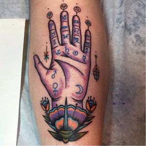 Colorful palmistry hand tattoo by Jennifer Trok #palmistry #palmreading #chiromancy #JenniferTrok #esoteric