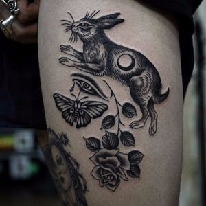 Elements of free love by Franco Maldonado #FrancoMaldonado #blackwork #rabbit #bunny #eye #teardrop #butterfly #rose #flower #leaves #nature #tattoooftheday