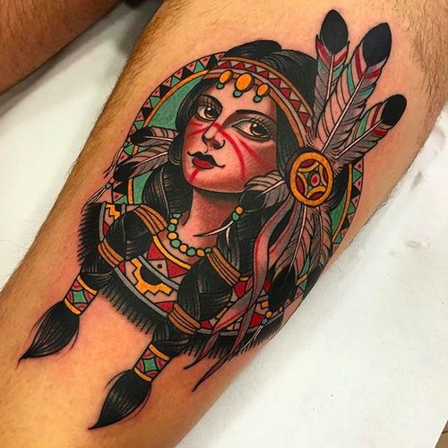Lovely Indian Girl Tattoo by Xam @XamTheSpaniard #Xam #XamtheSpaniard #Beautiful #Indian #Native #Gypsy #Girl #Lady #Traditional #sevendoorstattoo