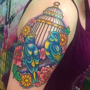 Birdcage tattoo by Sarah K #SarahK #neotraditional #bird #birdcage #flowers #colorful #girly