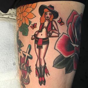 Cowgirl by Jaclyn Rehe (via IG-jaclynrehe) #americantraditional #pinup #cowgirl #butterfly #color #JaclynRehe #ChapelTattoo