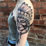 Native girl tattoo by Matt Stopps #MattStopps #monochrome #nativeamericangirl