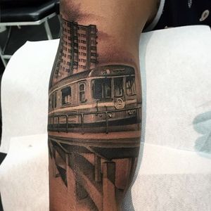 Black and grey train tattoo by Andy Blanco. #blackandgrey #train #metro #antique