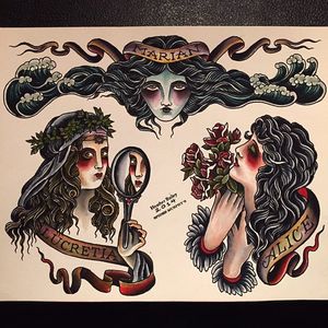 Three Women by Heather Bailey (via IG-cathedraloftears) #artist #tattooartist #gothic #flashart #fineart #artshare #HeatherBailey #women #flowers #ladyheads
