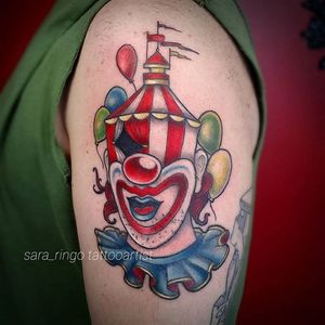 Circus Tent Clown Tattoo by Sara Ringo #circustattoo #circustattoos #tenttattoo #tent #circustent #circustenttattoo #clowntattoo #abstractclowntattoo #traditional #SaraRingo