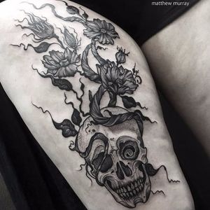 Cool skull tattoo by Matthew Murray #MatthewMurray #blackwork #blackandgrey #monochrome #gothic #skull #flower