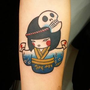 Kokeshi tattoo by Kim Ai #KimAi #kawaii #japaneseanimation #anime #chibi #newschool #cartoon #japaneseculture #japaneseart #kokeshi