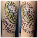Waffles with ice cream and sprinkles, with chocolate sauce lettering. Tattoo by Shane Copeland. #waffle #icecream #spinkles #chocolate #lettering #traditional #ShaneCopeland