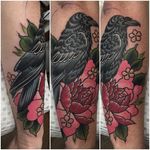 Raven and flowers by Ebony Mellowship. #neotraditional #EbonyMellowship #raven #bird #flower