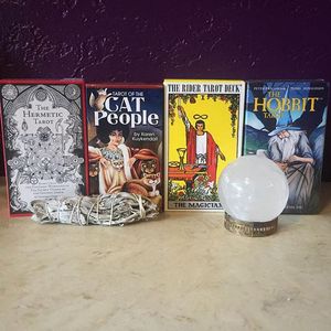 Various tarot decks, sage, and a selenite crystal ball at The Strange and Unusual (via IG-thestrangeandunusual) #curious #oddities #antiques #taxidermy #ryanashleymalarkey