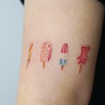 The Sweets of Summer tattoo by Jess Chen #JessChen #desserttattoos #dessert #icecream #icepop #popsicle #lollipop #strawberry #color #watercolor #realism #realistic #cute #candy #sweets #foodtattoo #food