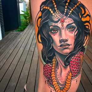 Girlhead with scales and jewelry. Aesome neo traditional tattoo by Sam Clark. #SamClark #neotraditional #girl