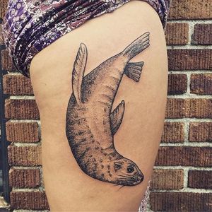 Dotwork sea lion tatoo by Erica Kraner. #blackwork #linework #dotwork #sealion #EricaKraner #animal