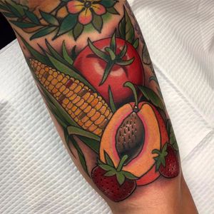 Harvest by Pat Whiting #PatWhiting #color #realism #newtraditional #traditional #mashup #newschool #harvest #fruit #vegetable #peach #tomato #corn #strawberry #nature #tattoooftheday