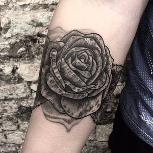 Blast over tattoo by Brenn O'Cohen. #blastover #blackwork #rose #flower