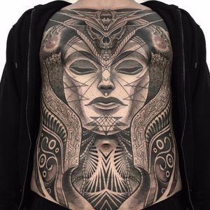 Crazy full torso piece by Jondix #Jondix #blackwork #blackandgrey #geometric #geometry #pattern #sacredgeometry #skull #portrait #lady #faec #tribal #neotribal #linework #dotwork #tattoooftheday