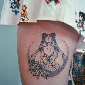 Princess Serenity tattoo by Lady Crimen #LadyCrimen #sailormoontattoos #linework #dotwork #illustrative #anime #manga #sailormoon #moon #princessserenity #roses #flowers #floral