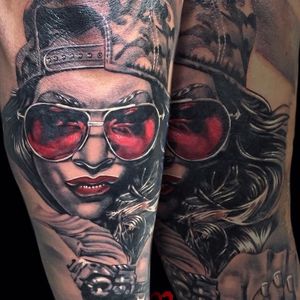 Rad looking black and red portrait of a girl. Tattoo by Martin Kukol. #MartinKukol #realistic #mARTink #shades #girl #blackandred