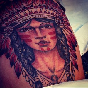 Native girl tattoo done by Rafa Serrano. #RafaSerrano #LTWtattoo #neotraditional #coloredtattoo #indiangirl #nativegirl